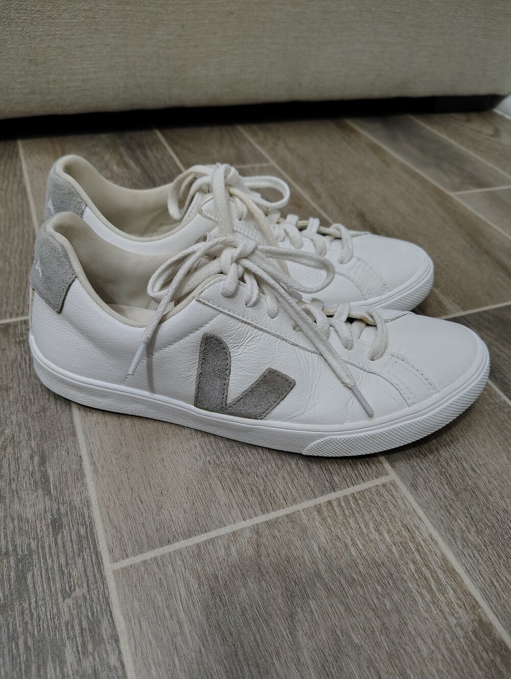 Veja Women’s White Leather Sneakers with Gray Suede V